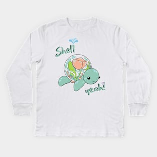 Shell yeah pun funny cartoon turtle design Kids Long Sleeve T-Shirt